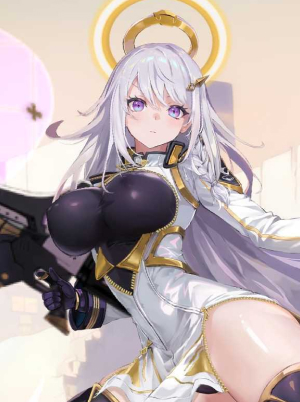 a gray-haired woman called Athena with exposed thighs and a golden halo, wearing a white dress with hints of gold throughout the seams