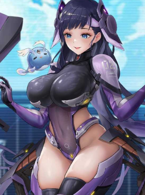 blue-haired woman with large breasts called Hydra, she wears purple colored clothes, and has two hydra-like machines with her