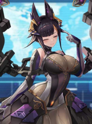 dark-haired woman called Sphinx with large chest and Anubis-like ears, wearing robotic equipment resembling wings