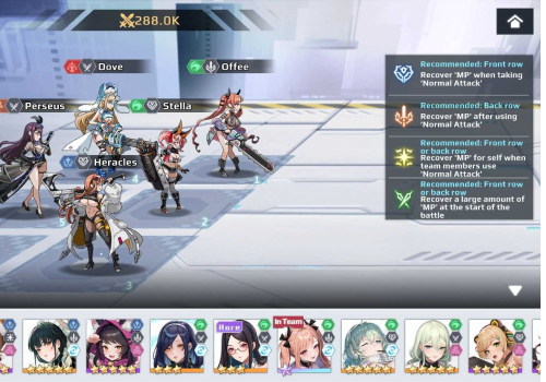 The layout of the team menu showing some of the roles of character, as well as written tips on how to position your team based on their roles