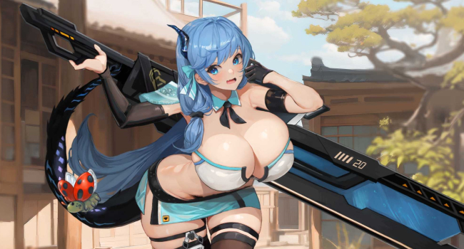 The voluptuous blue-haired aeon Eltanin, holding a massive sci-fi sword gun, wearing mini skirts and a mini crop top.