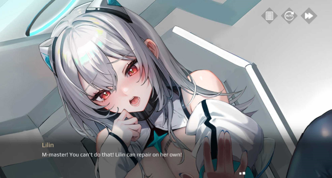 Lilin blushing and pushing the player away, expressing that she can repair on her own.