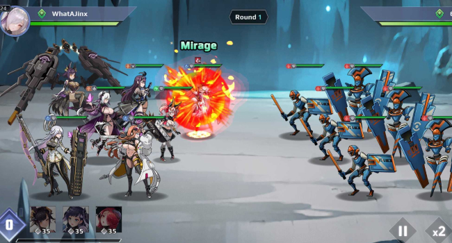 Gameplay of Aeons End, with six characters and a goddess on the players side at the left, and six robot like soldiers on the right.