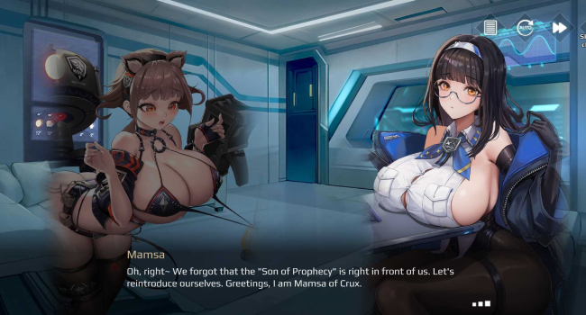 Visual novel screen showcasing Biscuit and Mamsa side by side in sci-fi hub, talking about the Son of Prophecy.